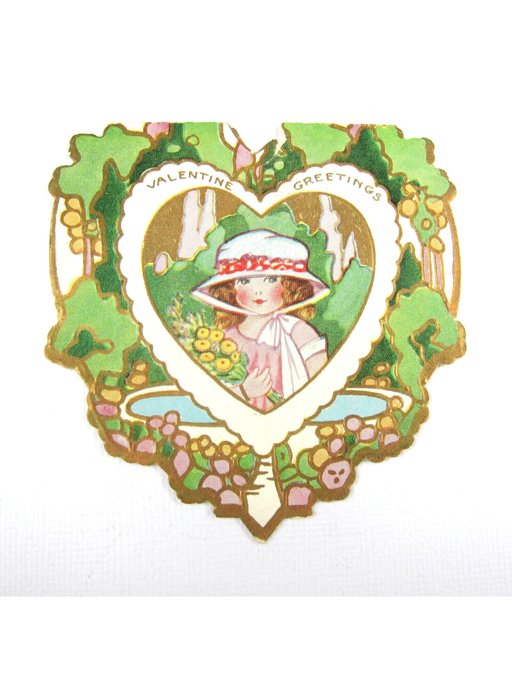 Vintage Valentine Card Die cut Girl Pink Dress & Hat Yellow Flowers Green & Gold